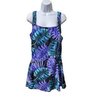 Azul By Maxine Of Hollywood Womens Purple Multi Palm Leaves Swim Dress Lycra 24W